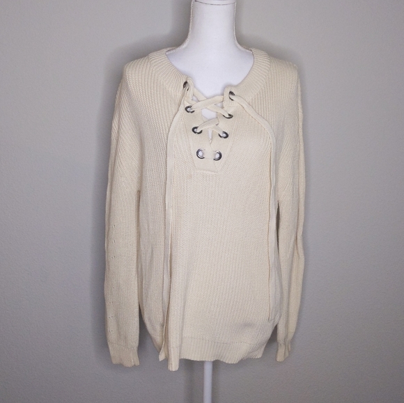 J.O.A. Lace-Up Front Sweater Ivory Cream Pullover Neutral Knit Top Women’s Med - Picture 4 of 10